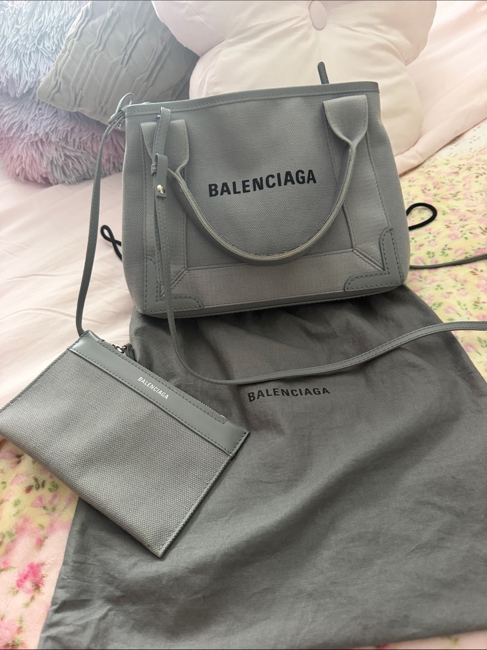 Balenciaga Gray Canvas Tote Bag with Pouch